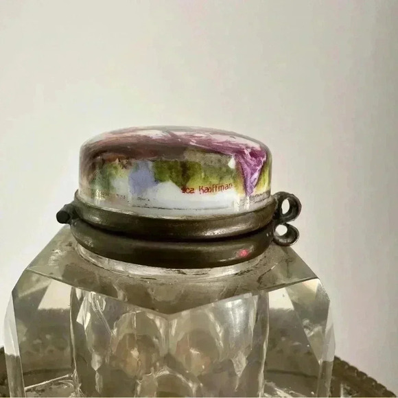 Rare Signed Antique Angelica Kauffman Inkwell Glass Jar on Brass Tray - Picture 5 of 13